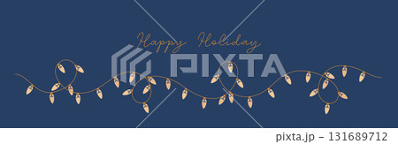 Thin line gold string festive Happy Christmas light garland on blue background for banner, card. Retro minimalist vector holiday lightbulbs. Thin line gold string festive Happy Christmas light garland on blue background for banner, card. Retro minimalist vector holiday lightbulbs. 131689712