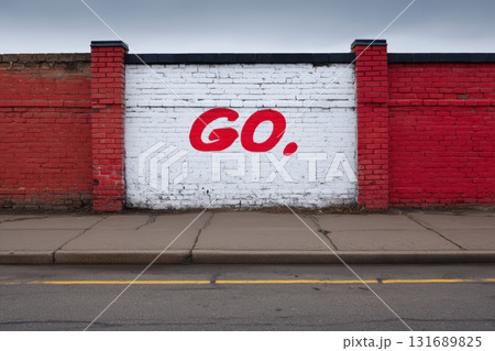 Bold red and white wall displays motivational message in urban setting 131689825
