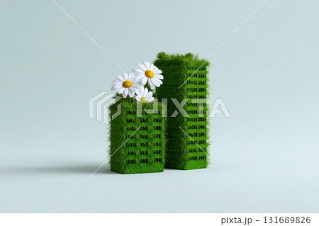 Green buildings with daisies representing urban nature and sustainability concepts in design 131689826