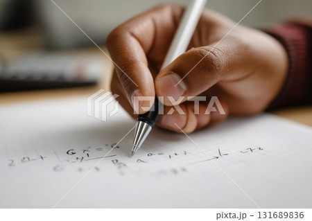 Hand writing mathematical equations with pen on paper during study session 131689836