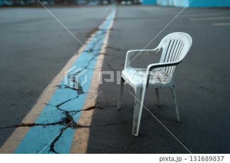 Empty plastic chair sits alone on cracked pavement beside a blue line in an abandoned area 131689837