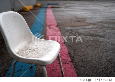 White chair placed on cracked pavement beside blue and pink lines near an empty parking area 131689838