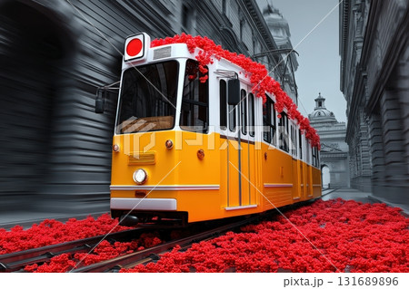 Bright yellow tram surrounded by vibrant red flowers in a city street Bright yellow tram surrounded by vibrant red flowers in a city street 131689896