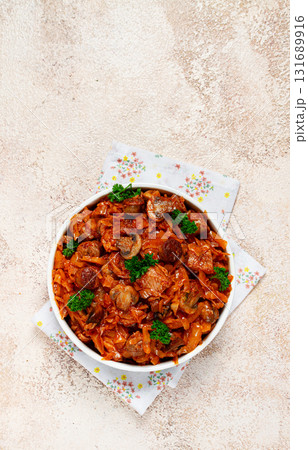 Bigos, bigus is a national Polish dish, made of cabbage and meat, stewed, homemade, no people, Bigos, bigus is a national Polish dish, made of cabbage and meat, stewed, homemade, no people, 131689916
