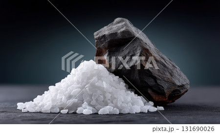 Sea salt and rock salt in artistic arrangement on a dark background Sea salt and rock salt in artistic arrangement on a dark background 131690026