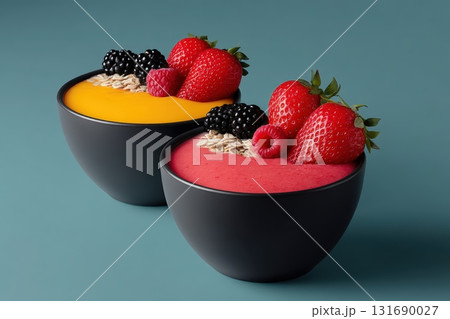 Colorful smoothie bowls topped with fresh fruits and oats on a minimalist background Colorful smoothie bowls topped with fresh fruits and oats on a minimalist background 131690027