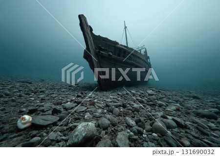 Sunken wooden boat rests on the rocky lakebed in calm blue water 131690032