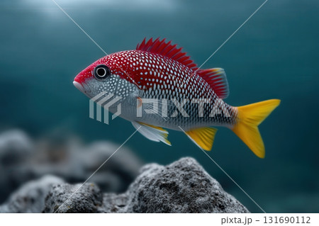 Vibrant fish swimming gracefully among rocks in an underwater environment Vibrant fish swimming gracefully among rocks in an underwater environment 131690112