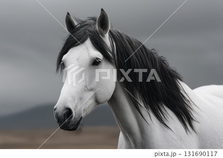 Majestic white horse with flowing mane in a dramatic cloudy landscape 131690117