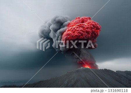 Volcano erupts, sending ash and lava into the sky during midday Volcano erupts, sending ash and lava into the sky during midday 131690118