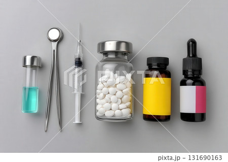 Medical tools and medications arranged on a gray background for healthcare and pharmaceutical purposes 131690163