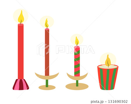 Christmas candle vector illustration set. Striped jar candle, red burning taper candles in candlesticks isolated on white background. Seasonal cozy home decor for New year, xmas celebration, winter Christmas candle vector illustration set. Striped jar candle, red burning taper candles in candlesticks isolated on white background. Seasonal cozy home decor for New year, xmas celebration, winter 131690302