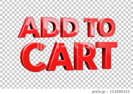 Bold red 3D text saying add to cart, ideal for e-commerce websites and online shopping platforms. Isolated on transparent background. PNG, cutout 131690333