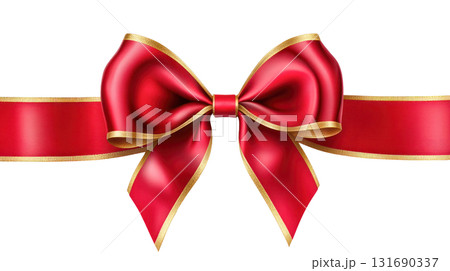 Elegant red ribbon bow with golden edges, perfect for gift wrapping and festive decorations, showcasing vibrant color and texture. Isolated on transparent background. PNG, cutout Elegant red ribbon bow with golden edges, perfect for gift wrapping and festive decorations, showcasing vibrant color and texture. Isolated on transparent background. PNG, cutout 131690337