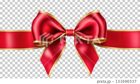 Elegant red ribbon bow with golden edges, perfect for gift wrapping and festive decorations, showcasing vibrant color and texture. Isolated on transparent background. PNG, cutout Elegant red ribbon bow with golden edges, perfect for gift wrapping and festive decorations, showcasing vibrant color and texture. Isolated on transparent background. PNG, cutout 131690337