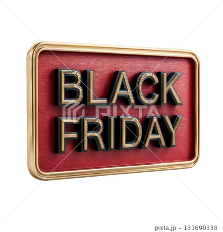 Black Friday promotional sign with bold lettering on a textured red background for marketing and advertising purposes. Isolated on transparent background. PNG, cutout 131690338