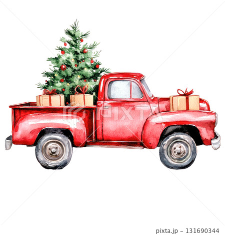 Vintage red truck with Christmas tree and wrapped gifts, perfect for holiday-themed designs and festive celebrations. Isolated on transparent background. PNG, cutout Vintage red truck with Christmas tree and wrapped gifts, perfect for holiday-themed designs and festive celebrations. Isolated on transparent background. PNG, cutout 131690344