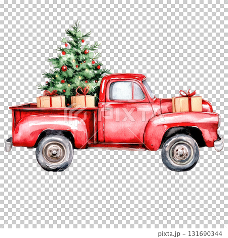 Vintage red truck with Christmas tree and wrapped gifts, perfect for holiday-themed designs and festive celebrations. Isolated on transparent background. PNG, cutout Vintage red truck with Christmas tree and wrapped gifts, perfect for holiday-themed designs and festive celebrations. Isolated on transparent background. PNG, cutout 131690344