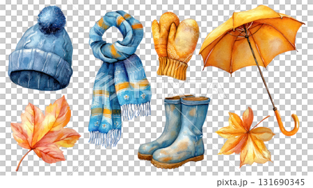 Watercolor illustration of cozy autumn accessories including hat, scarf, mittens, umbrella, boots, and colorful leaves. Isolated on transparent background. PNG, cutout Watercolor illustration of cozy autumn accessories including hat, scarf, mittens, umbrella, boots, and colorful leaves. Isolated on transparent background. PNG, cutout 131690345