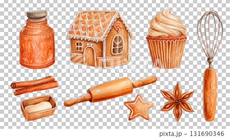 Gingerbread house, cupcake, rolling pin, and baking tools in warm tones for festive culinary inspiration. Isolated on transparent background. PNG, cutout 131690346