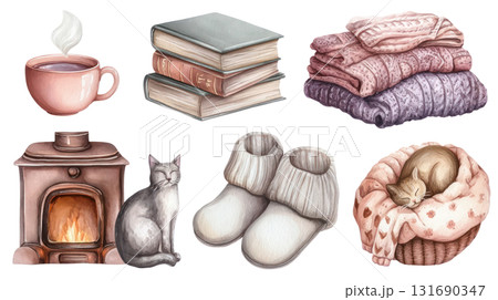 Cozy winter illustration featuring warm drinks, books, soft blankets, and a cat by the fireplace for a comforting atmosphere. Isolated on transparent background. PNG, cutout 131690347