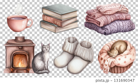 Cozy winter illustration featuring warm drinks, books, soft blankets, and a cat by the fireplace for a comforting atmosphere. Isolated on transparent background. PNG, cutout Cozy winter illustration featuring warm drinks, books, soft blankets, and a cat by the fireplace for a comforting atmosphere. Isolated on transparent background. PNG, cutout 131690347