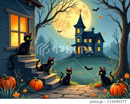 Cute black cats on a spooky Halloween night. A classic autumn holiday scene with a haunted house, jack-o'-lantern pumpkins, bats, and a big full moon. 131690377