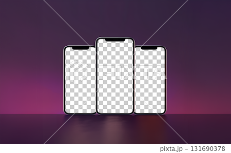 smartphone handphone phone with transparent screen cutout on dark background, PNG file. Mockup template for artwork design. Copy text space. 131690378