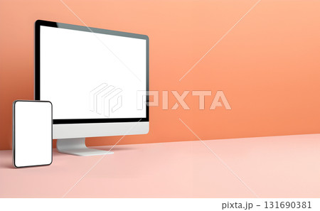 Tablet desktop computer smartphone handphone with transparent screen cutout on bright background, PNG file. Mockup template for artwork design. Copy text space 131690381