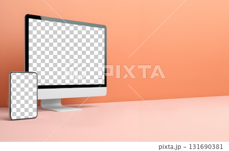 Tablet desktop computer smartphone handphone with transparent screen cutout on bright background, PNG file. Mockup template for artwork design. Copy text space 131690381