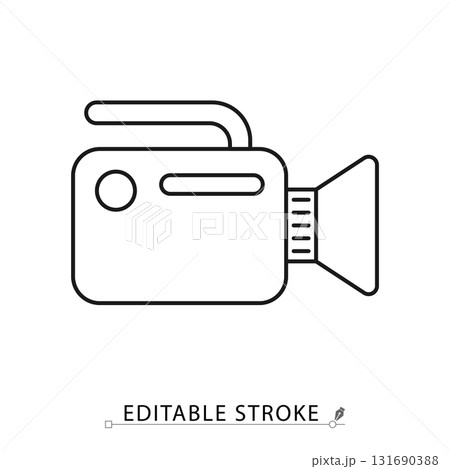 A video camera icon in a minimalist line style with editable stroke. Movie production equipment, film recording device, cinema camera, digital media technology, professional broadcast. 131690388
