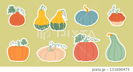 Pumpkin sticker set. Pumpkin and squash different colors and sizes. Hand drawn flat style Pumpkin sticker set. Pumpkin and squash different colors and sizes. Hand drawn flat style 131690475