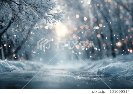 Winter empty nature scene with frozen asphalt, trees in snow and glare of light. 131690514