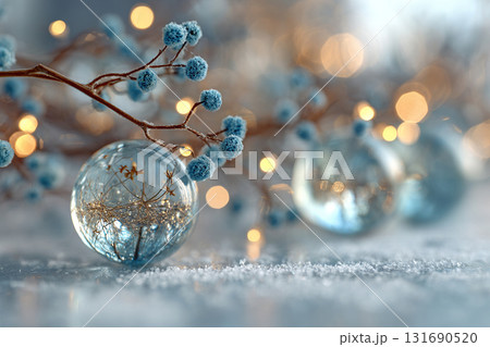 Winter background with crystal balls and snow. Dry branches inside glass balls, bokeh background. Winter background with crystal balls and snow. Dry branches inside glass balls, bokeh background. 131690520