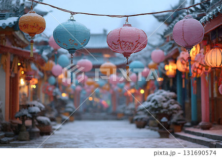 Chinese lanterns decorate a snowy street in a Chinese city. Chinese New Year. Traditions. 131690574