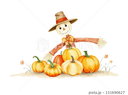 Watercolor vector illustration of a scarecrow. Watercolor vector illustration of a scarecrow. 131690627