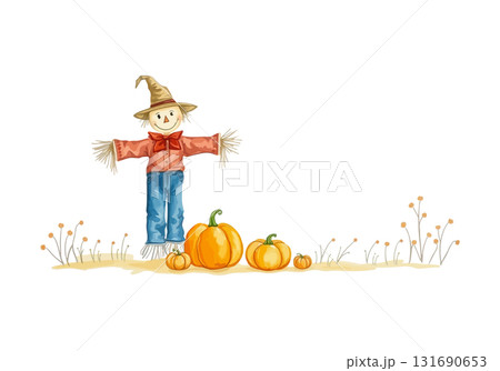 Watercolor vector illustration of a scarecrow. 131690653