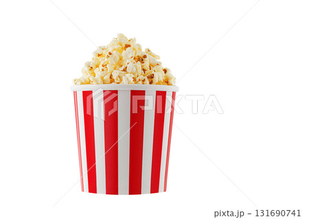 Delicious popcorn, classic box, classic paper cup with red stripe, isolated on white background Delicious popcorn, classic box, classic paper cup with red stripe, isolated on white background 131690741