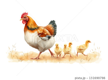 Watercolor vector illustration a hen with chickens. Watercolor vector illustration a hen with chickens. 131690786