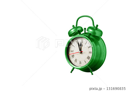 retro clock, watch, pointer clock, Green color alarm clock on isolated white background 131690835