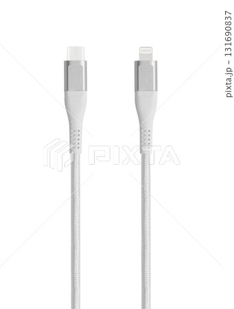 White cable for charging and synchronization with Type - C, USB, Micro USB, Lightning connectors on a white background 131690837
