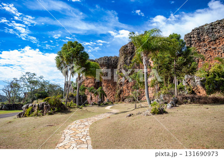 Sandstone rock formations and rugged landscape, Vila Velha State Park, Itaiacoca, Ponta Grosa Brazil. Sandstone rock formations and rugged landscape, Vila Velha State Park, Itaiacoca, Ponta Grosa Brazil. 131690973
