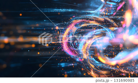 Futuristic neon lines and geometric shapes over a dark background. 131690985