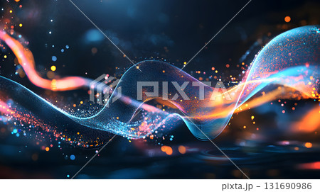 Futuristic neon lines and geometric shapes over a dark background. 131690986
