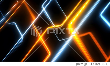 Futuristic neon lines and geometric shapes over a dark background. Futuristic neon lines and geometric shapes over a dark background. 131691024