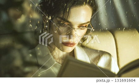 Woman Reading in a Car on a Rainy Day. A woman wearing glasses reads a book inside a car, with raindrops visible on the window This is AI-generated item 131691604