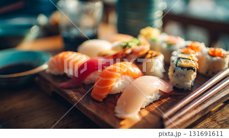 Delicious sushi platter with chopsticks ready to eat. A close-up shot of traditional Asian food with various types of sushi, including nigiri and maki rolls, chirashi sushi. This is AI-generated item 131691611