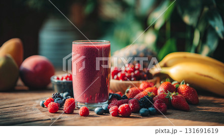Delicious strawberry smoothie drink with fresh fruits on a rustic wooden kitchen table. A vibrant berry drink is surrounded by an assortment of fresh fruits This is AI-generated item 131691619