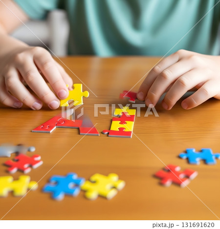 Child Assembling AI Puzzle: Education and Future Technology Concept 131691620