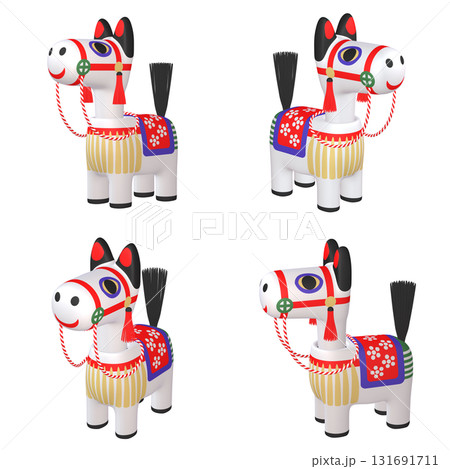 干支のイラスト素材　午年　馬の首振り人形（1）　カット四点セット（1） 131691711
